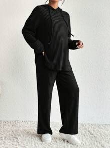 SHEIN 2pcs/Set Maternity Adjustable Drawstring Hooded Sweatshirt And Waistband Pants - Black - View 4