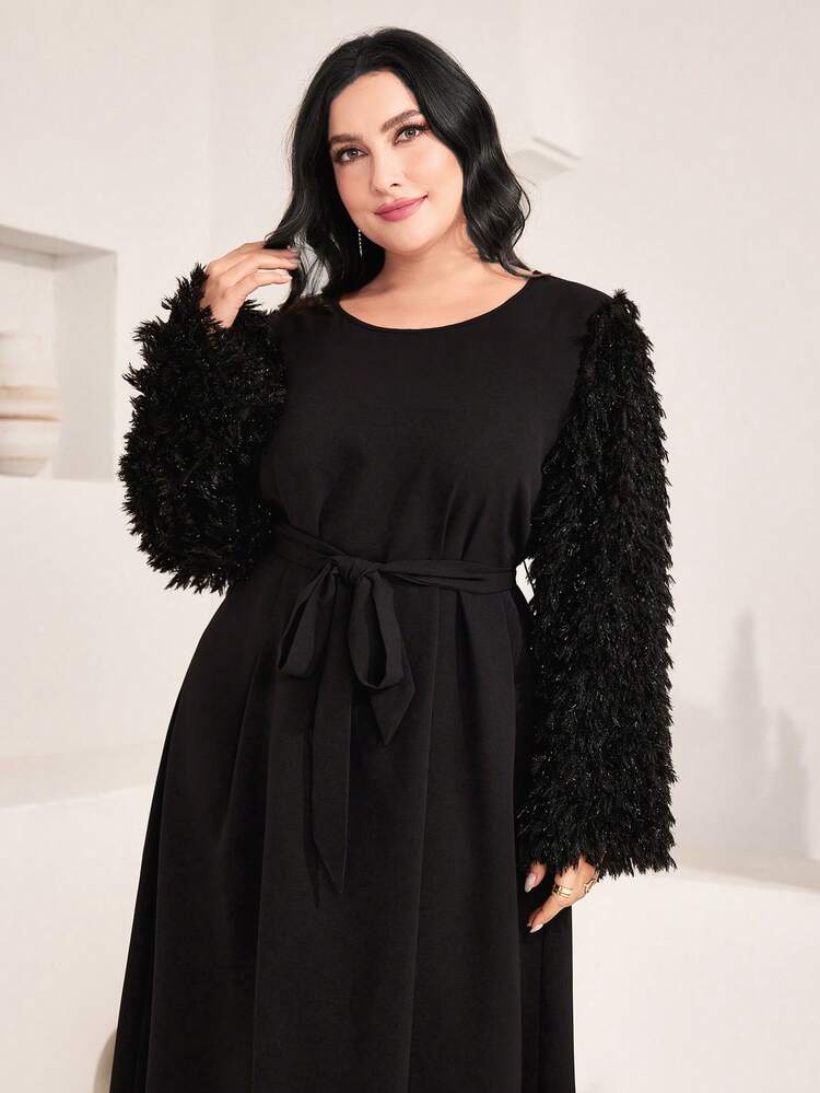 Plus Fuzzy Bell Sleeve Belted Dress