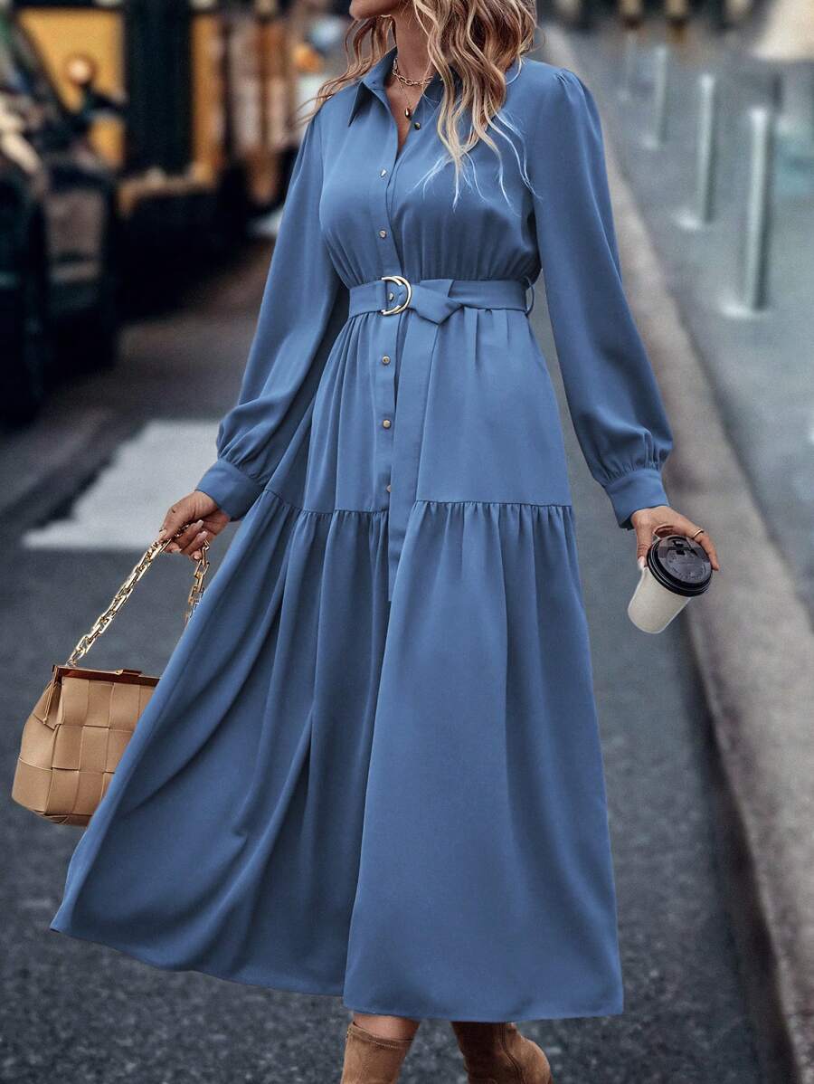 SHEIN LUNE Tay áo lồng đèn Xù Hoa Sen Thắt lưng Váy sơ mi - Màu xanh bụi bặm - Xem 1