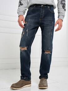 SHEIN Cottnline Men Ripped Straight Leg Jeans - Dark Wash - View 7