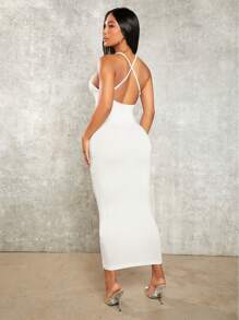 SHEIN SXY 纯色交叉露背吊带紧身连衣裙演唱会长款夏季连衣裙风骚舞会礼服性感连衣裙情人节连衣裙 - 白色 - 查看 2