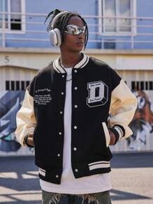 男士撞色標語圖案學院風夾克 - 黑色 - 查看 1