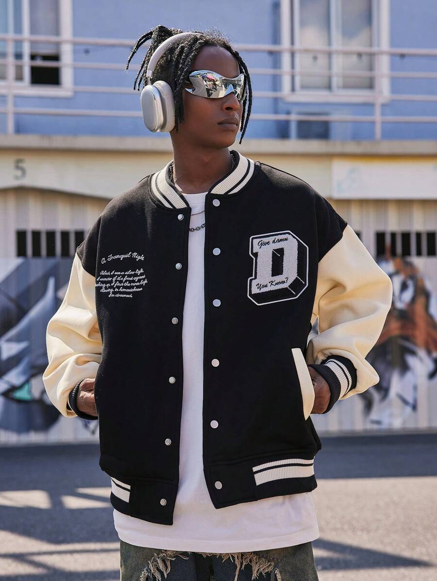 男士撞色標語圖案學院風夾克 - 黑色 - 查看 1