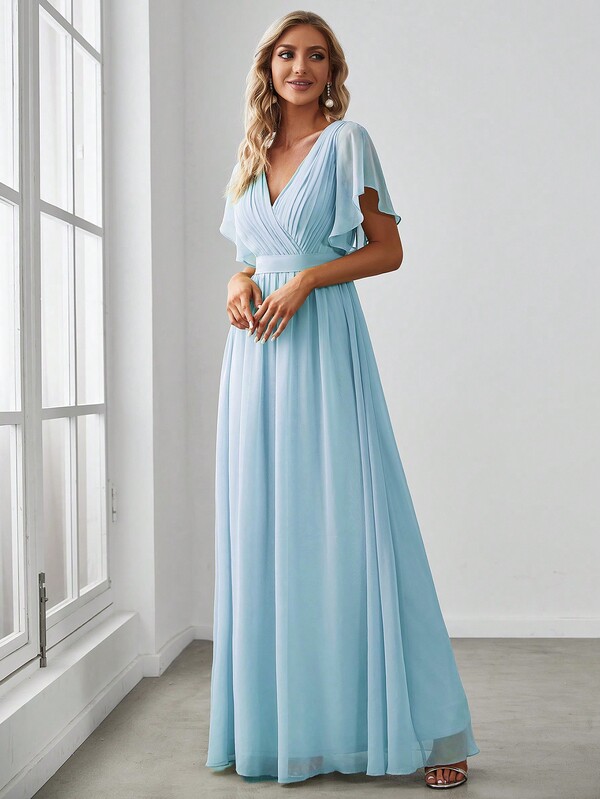 V-Neck Butterfly Sleeve Chiffon Light Blue Bridesmaid Dress, Elegant Wedding Guest Dress, Spring Semi-Formal Dress