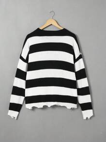 SHEIN EZwear 月亮和星星圖案落肩仿舊毛衣 - 黑與白 - 查看 2