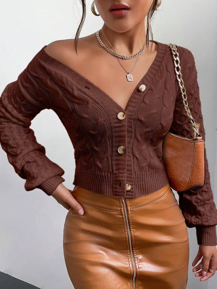 Cable Knit Lantern Sleeve Button Front Crop Cardigan,Long Sleeve Tops Fall Winter Cloth For Women