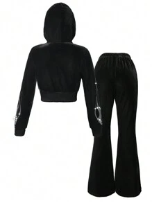 SHEIN Explorewe Tween Girl 1Pc Rhinestone Fire Pattern Velvet Zipper Up Hoodie & 1Pc Flare Leg Pants Concert Outfit - Black - View 2