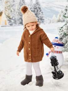 SHEIN Cardigan Bayi Perempuan Kantong Tombol Depan Plain - Mocha Brown - View 5