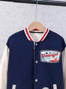 SHEIN Tween Boy Letter Graphic Striped Trim Drop Shoulder Varsity Jacket - Multicolor - View 3