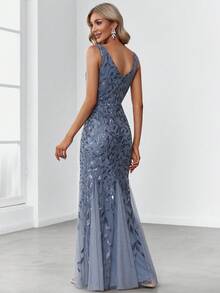 EVERPRETTY Đầm dạ hội mùa xuân thanh lịch, cổ chữ V, dáng đuôi cá, đính sequin lấp lánh, họa tiết hoa, màu xanh xám, thích hợp cho tiệc tối, dự tiệc cưới, tiệc trang trọng. - Màu xanh bụi bặm - Xem 3