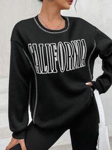 SHEIN Unity Letter Graphic Top-stitching Drop Shoulder Sweatshirt - Navy Blue - View 4