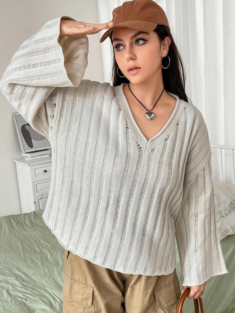 Plus Solid Drop Shoulder Ribbed Knit Sweater Knit Pullover Fall Winter Sweater