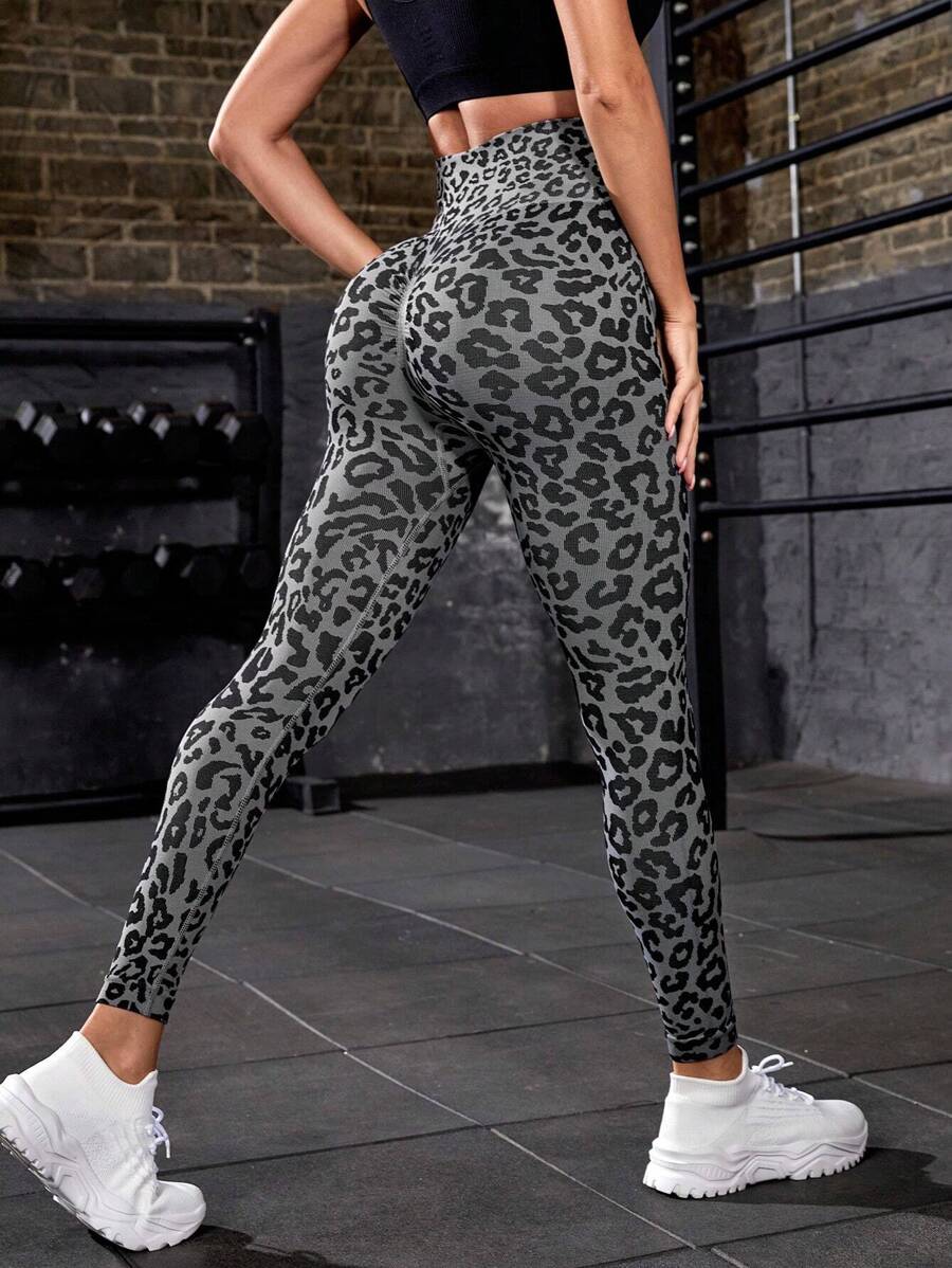 Powerista Leopard Print Wideband Waist Sports Leggings - Dark Grey - View 1