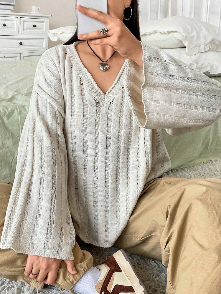 Plus Solid Drop Shoulder Ribbed Knit Sweater Knit Pullover Fall Winter Sweater