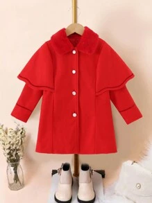SHEIN Young Girl Borg Collar Overcoat - Red - View 1