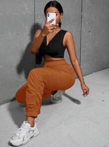 SHEIN Slayr Solid Drawstring Waist Ruched Pants - Burnt Orange - View 5