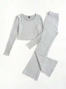 SHEIN EZwear 素色T恤&喇叭褲 - 淺灰色 - 查看 3