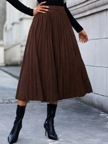 SHEIN Essnce 素色百褶半身裙 - 咖啡棕 - 查看 5