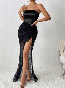 Zolique 对比色蕾丝扭纹前开叉大腿抹胸连衣裙超长款女装 - 黑色 - 查看 5