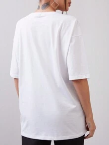 SHEIN 熊和標語圖案落肩T恤 - 白色 - 查看 2