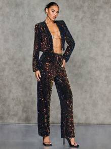 SHEIN BAE 女性華麗彩虹亮片直筒褲 - 黑色 - 查看 1