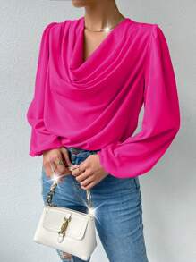 SHEIN Privé cổ áo xếp nếp Tay áo lồng đèn Áo sơ mi - Màu Hồng Tươi - Xem 5