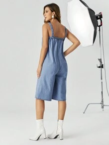 SHEIN Privé Solid Denim Overall Dress - Blue - View 2