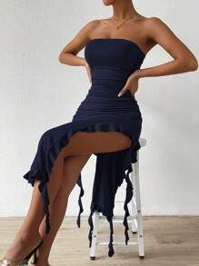 Allurite Ruffle Trim Ruched Split Thigh Tube Dress - Navy Blue - View 4