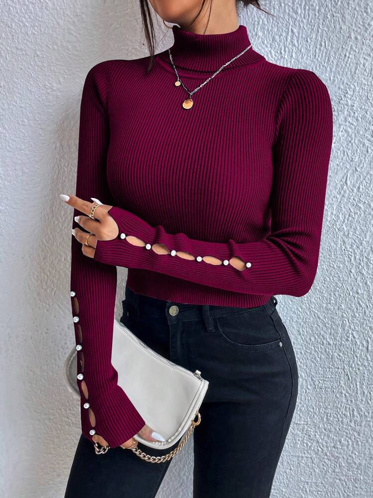Chiquease Turtleneck Button Detail Ribbed Knit Sweater,Long Sleeve Tops Knit Pullover Fall Winter Sweater - Burgundy - View 4
