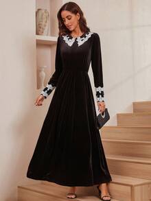 Contrast Lace Collar Velvet Dress - Black - View 4