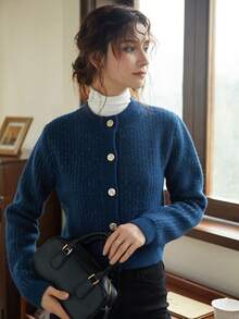 Knit Mix 女士開襟衫 - 藍色 - 查看 8