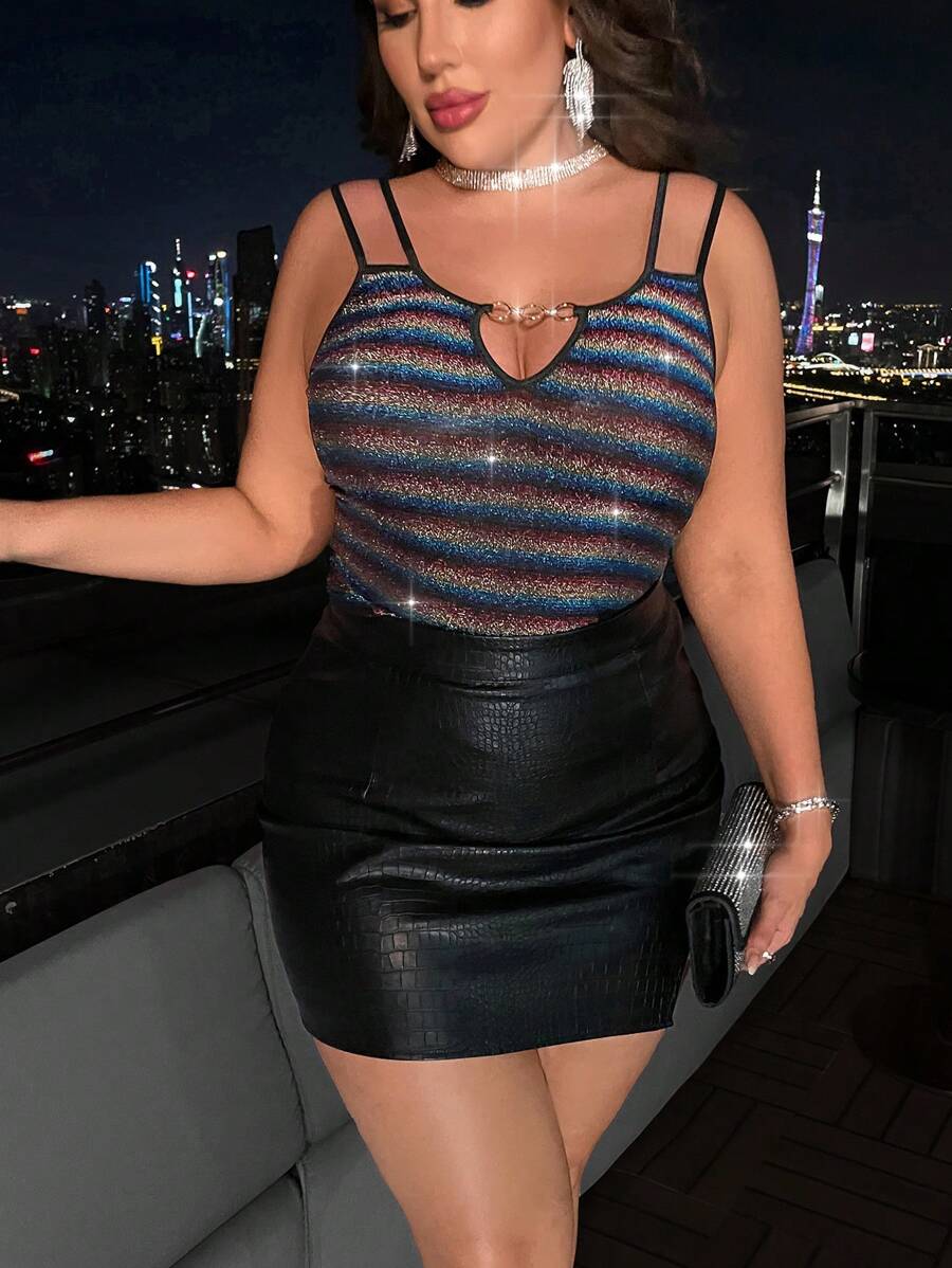 Celure Talla grande Top de tirantes con estampado de rayas vinculado con aro de corazón - Multicolor - Ver 1