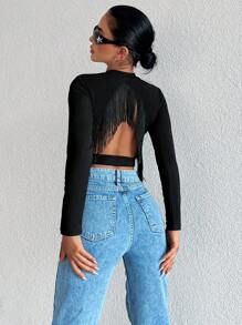 EURMUSE Fringe Trim Cut Out Back Crop Tee - Black - View 1
