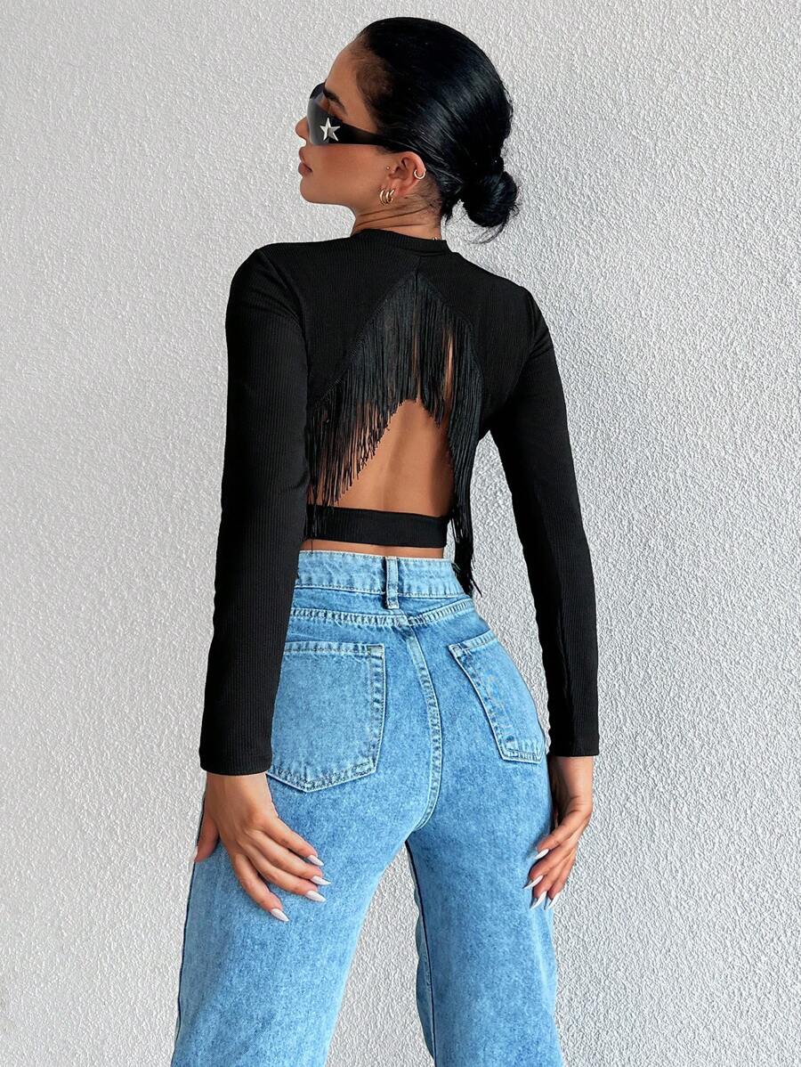 EURMUSE Fringe Trim Cut Out Back Crop Tee - Black - View 1
