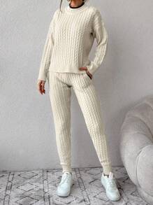 EURMUSE Cable Knit Drop Shoulder Sweater & Drawstring Waist Knit Pants - Beige - View 3
