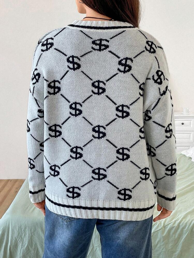 Plus Allover Pattern Drop Shoulder Sweater Knit Pullover Fall Winter Sweater