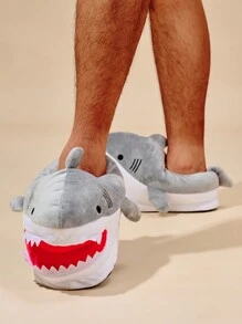 Mới Nam Mùa Đông Plush ấm áp Cá mập Dép đi trong nhà Với Niềm vui Qủa tặng Cá mập Cái túi Mềm mại Trong nhà Cặp đôi Giày dép - Xám - Xem 5