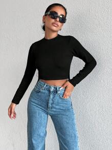 EURMUSE Fringe Trim Cut Out Back Crop Tee - Black - View 5