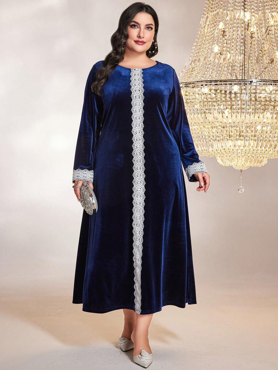 Al Najma Plus Guipure Lace Velvet Dress - Navy Blue - View 1