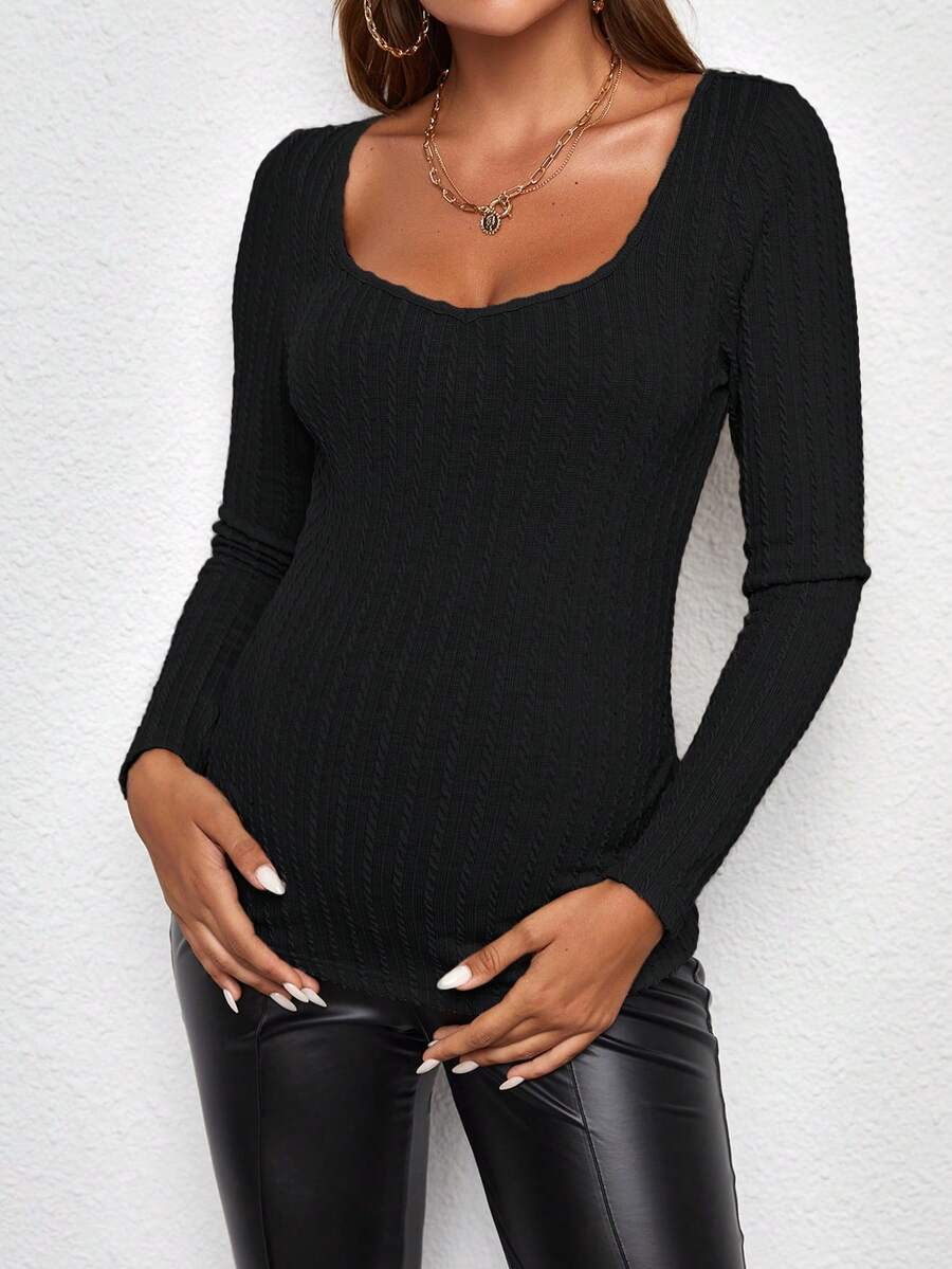 SHEIN 孕婦雞心領口條紋針織T恤 - 黑色 - 查看 1