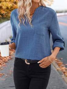 SHEIN LUNE 素色口袋貼布捲邊袖襯衫 - 藍色 - 查看 1