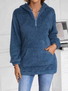 EMERY ROSE Một nửa khóa kéo Túi kangaroo Thả vai Flannel Hoodie - Màu xanh lam - Xem 3