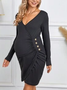 SHEIN Maternity Solid Ruched Side Tulip Hem Dress - Black - View 6