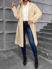 SHEIN Frenchy 西裝領落肩袖腰帶風衣外套 - 駝色 - 查看 1