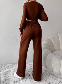 EURMUSE Solid Twist Front Drop Shoulder Crop Tee & Straight Leg Pants - Brown - View 2