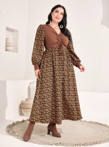 Mulvari Plus Ditsy Floral Print Drawstring Front Lantern Sleeve Dress Fall Cloth For Women - Multicolor - View 3