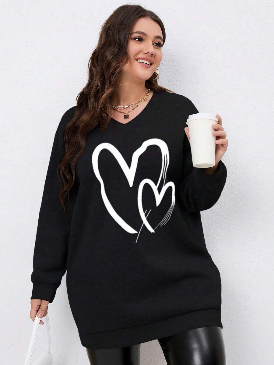 SHEIN LUNE Plus Heart Print Drop Shoulder Sweatshirt Pullover Fall Sweatshirt - Black - View 1