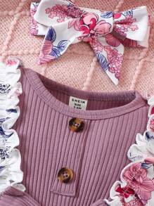 SHEIN 女嬰印花荷葉邊前蝴蝶結連身褲＆ 頭巾