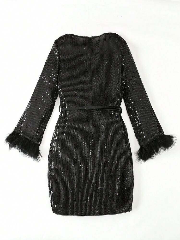 Fuzzy Cuff Belted Sequin Dress