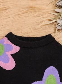 SHEIN Baby Girl Floral Pattern Ruffle Trim Sweater Dress - Blue - View 3